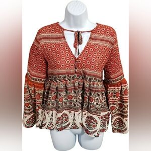 Women's Rust Floral Peasant Tunic with Tie Neck